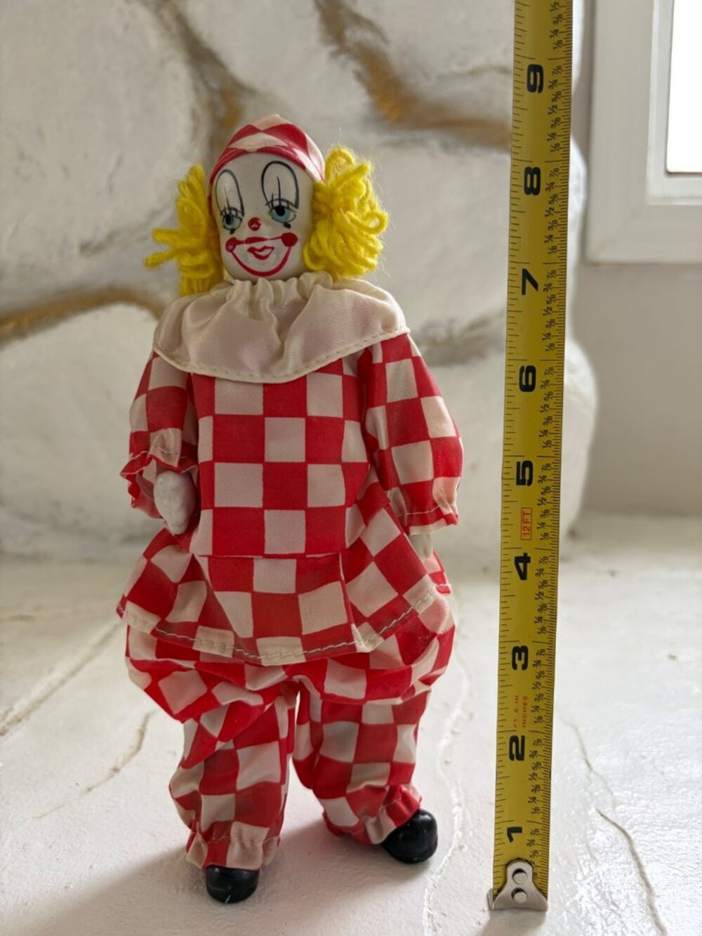 Vintage Red & White Harlequin Checkeredboard Clown Doll Yarn Hair Figurine - Picture 14 of 14